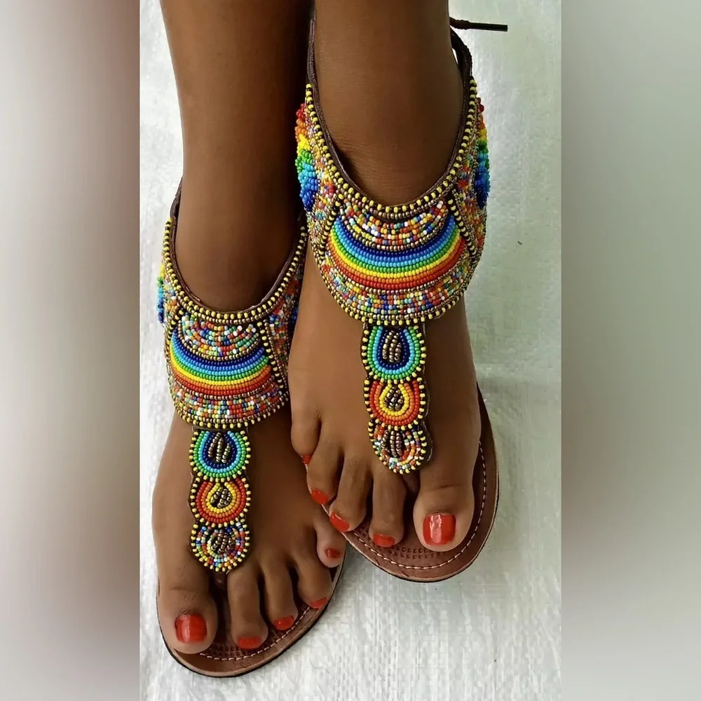 (T)Handmade Beaded Sandals, Size 35/5 - Picture 1 of 11